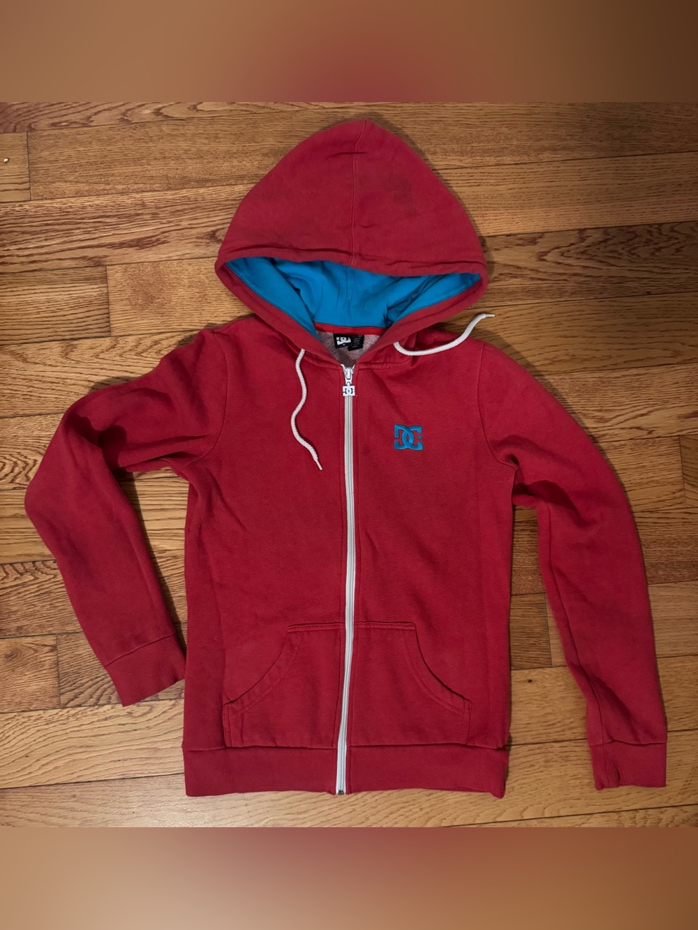 DC Cotton Red Zip-Up Hoodie with Blue Lining